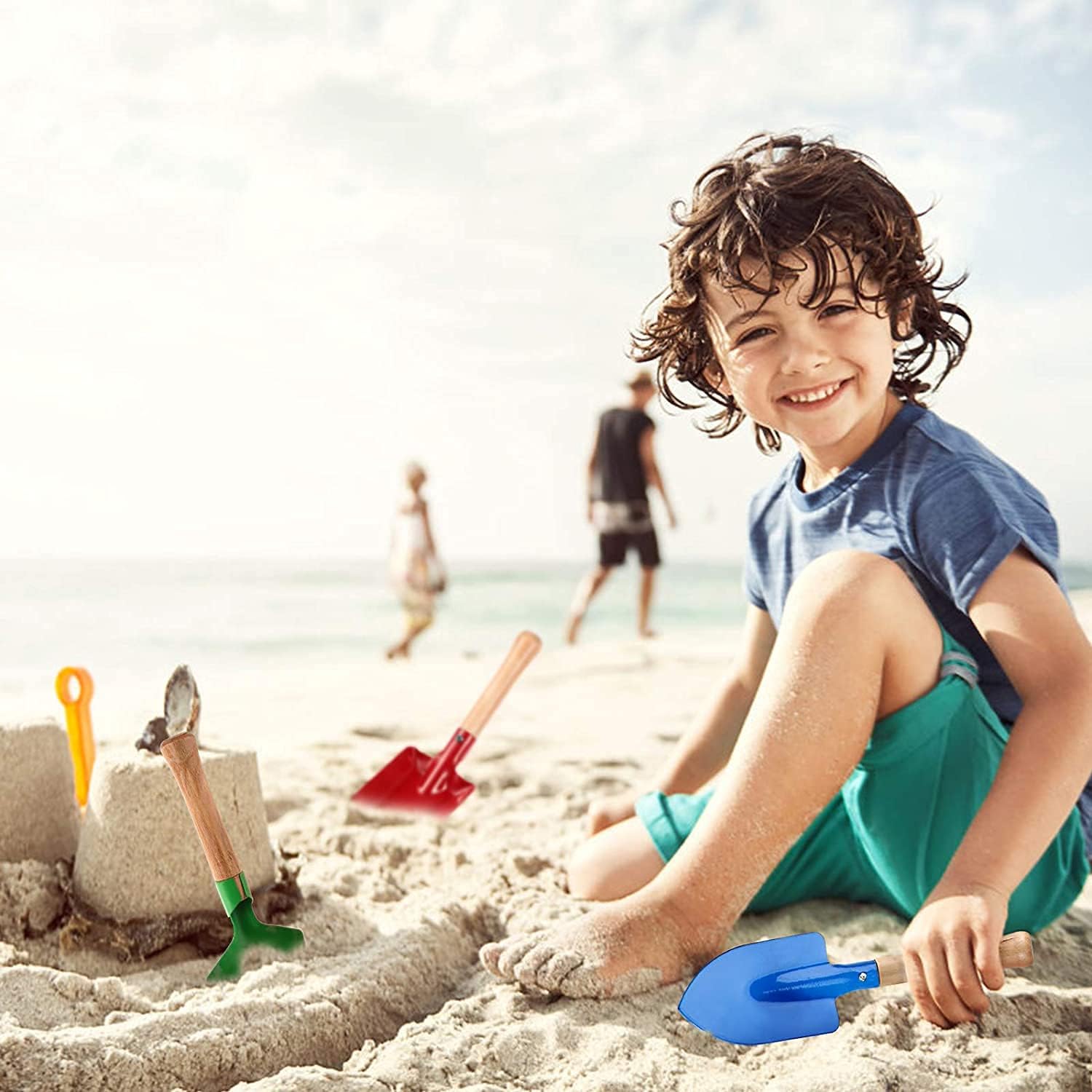 Detalle de Aptoper Kids Gardening Tools Set: 8" Beach Sandbox 5-Piece Metal Tools with Wooden Handles