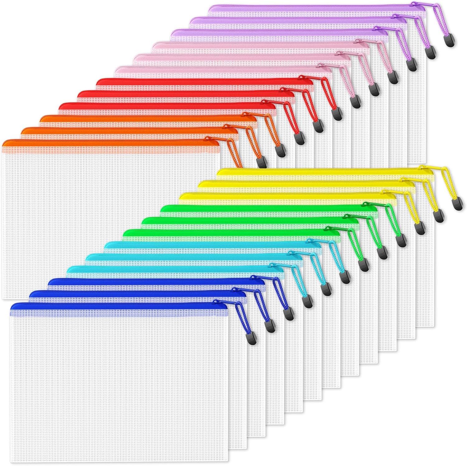 SUNEE A4 Plastic Wallets (24 Pack) Mesh Zip Lock Document Bags – Waterproof, 8 Colours