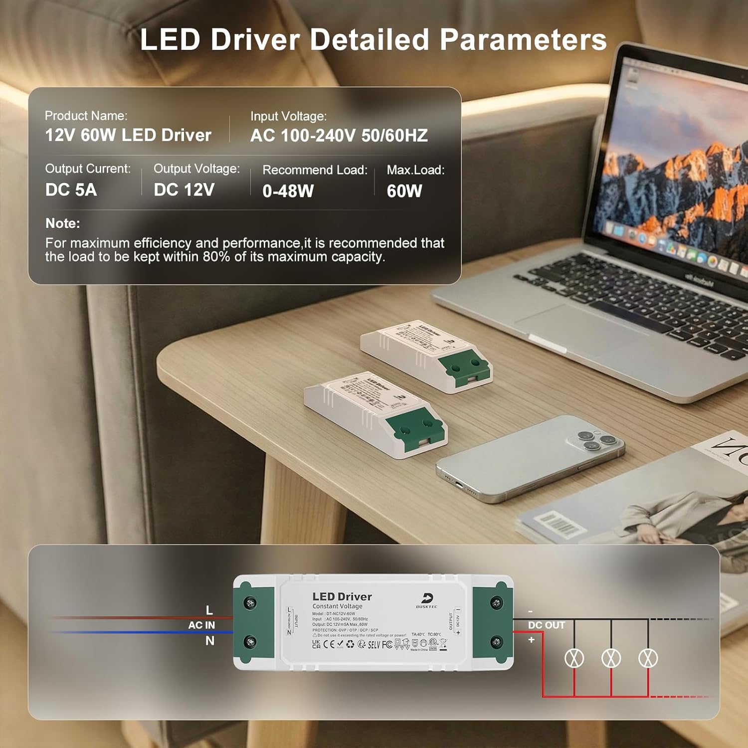 Detalle de DUSKTEC 12V 60W LED Driver (2 Pack) – Compact Constant Voltage Transformer for 12V LED Lighting