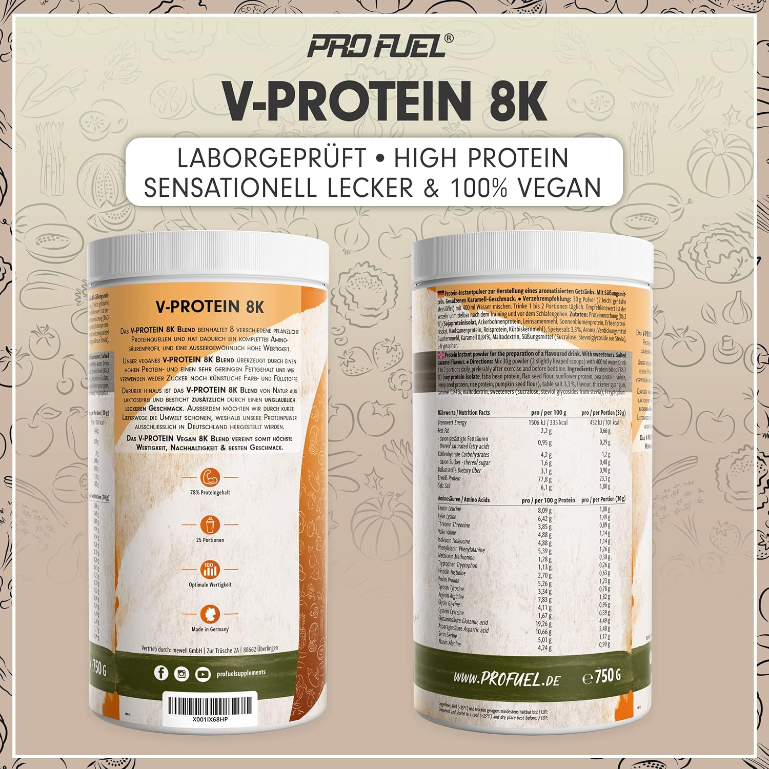 Detalle 2 de ProFuel Vegan Protein – Salted Caramel (V-Protein 8K Blend) mit 78% Eiweiß