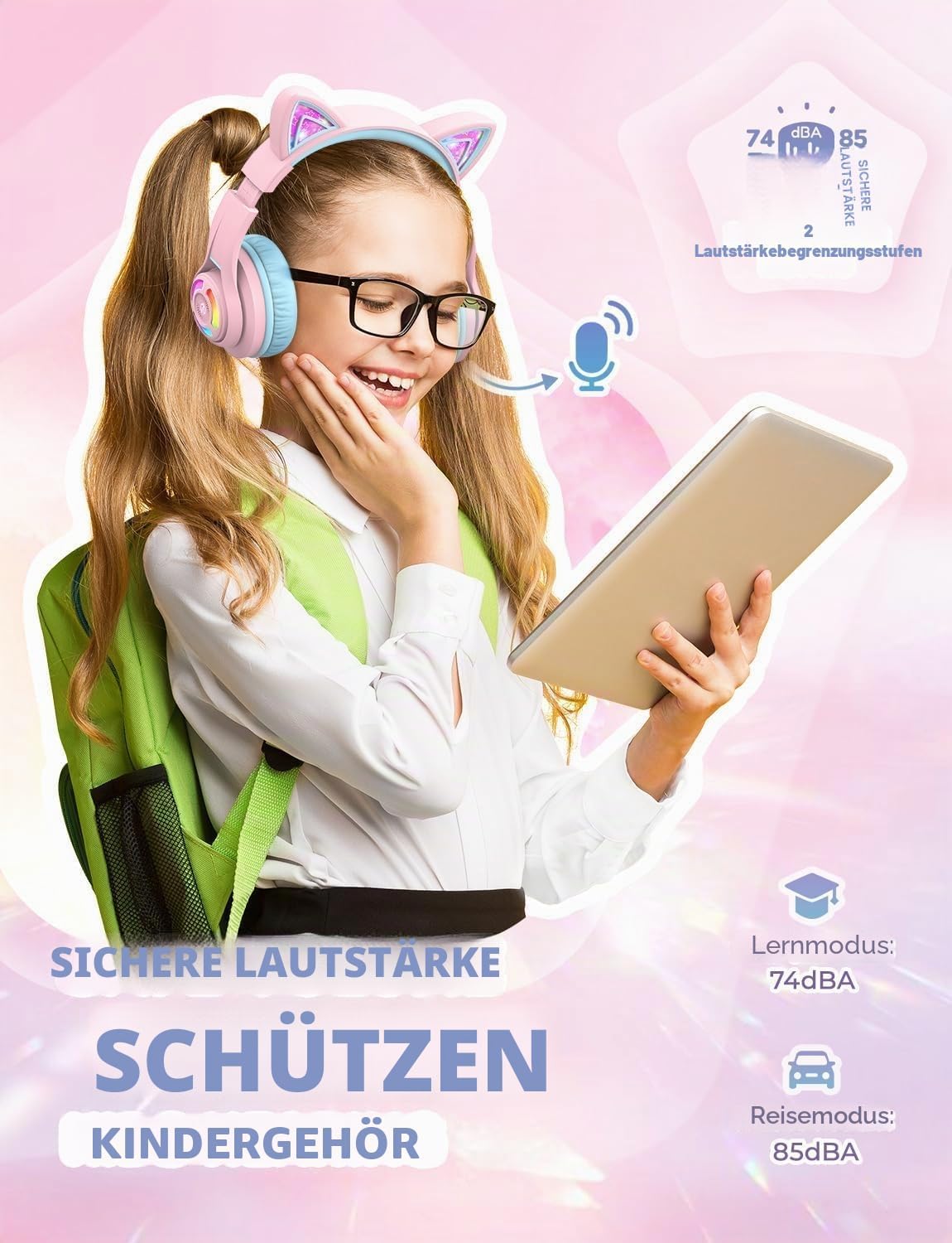 Detalle de iClever Bluetooth Kopfhörer Kinder mit Katzenohr-LED, MIC und 3,5-mm-Kabel (BTH13, 50 Std. Spielzeit)