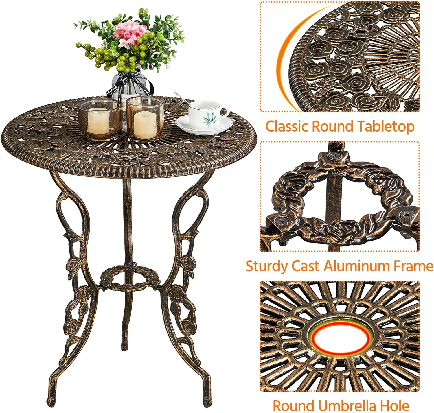 Thumbnail 4 de Yaheetech set da tavolo e sedie da giardino 3 pezzi con 2 sedie bistrò in alluminio bronzo motivo a rosa vintage