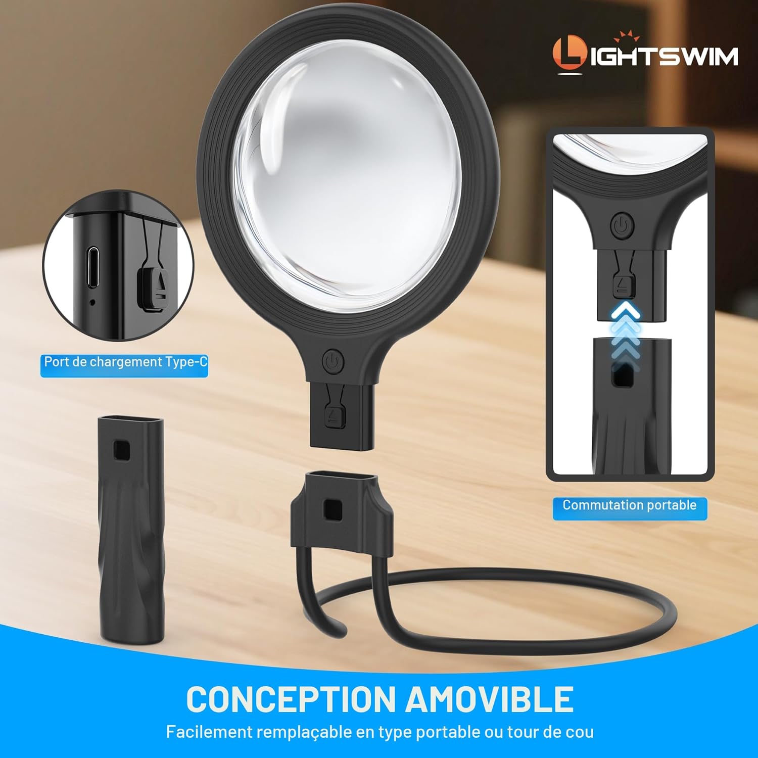 Thumbnail 1 de Loupe de cou avec lumière – 138 mm, 5x, avec 2 mini loupes x10 et étui | LED 30