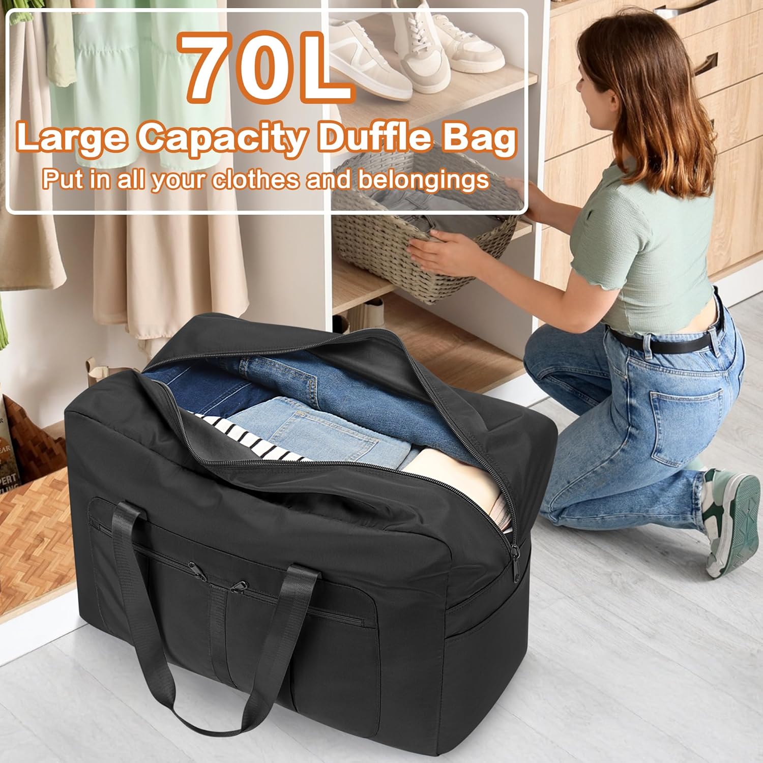 Detalle de YOUNGOA Grand Sac de Voyage 70L - Grand sac pliable étanche 58 x 30 x 40 cm, XL noir