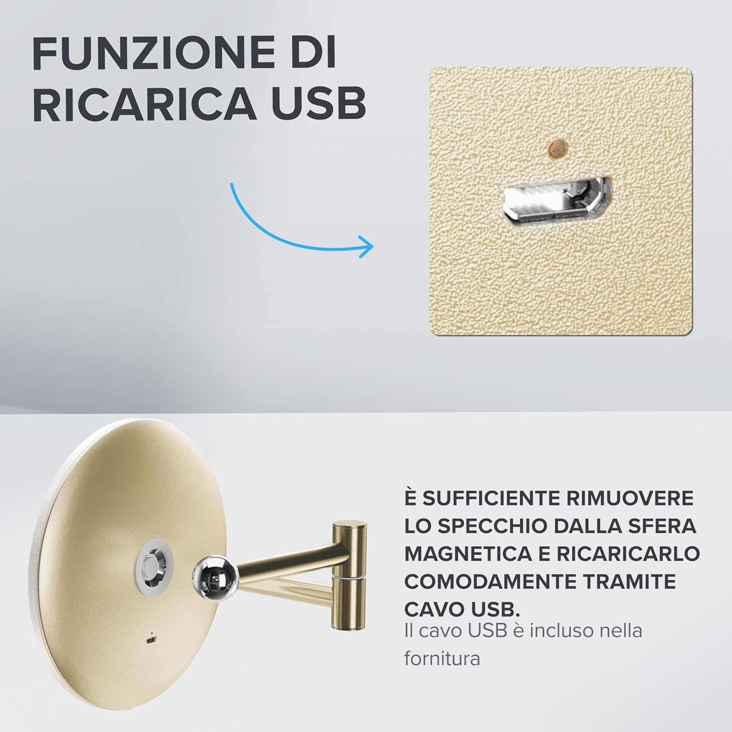 Thumbnail 3 de ovimar Specchio cosmetico Blavand Gold con illuminazione, ricaricabile e montaggio a parete