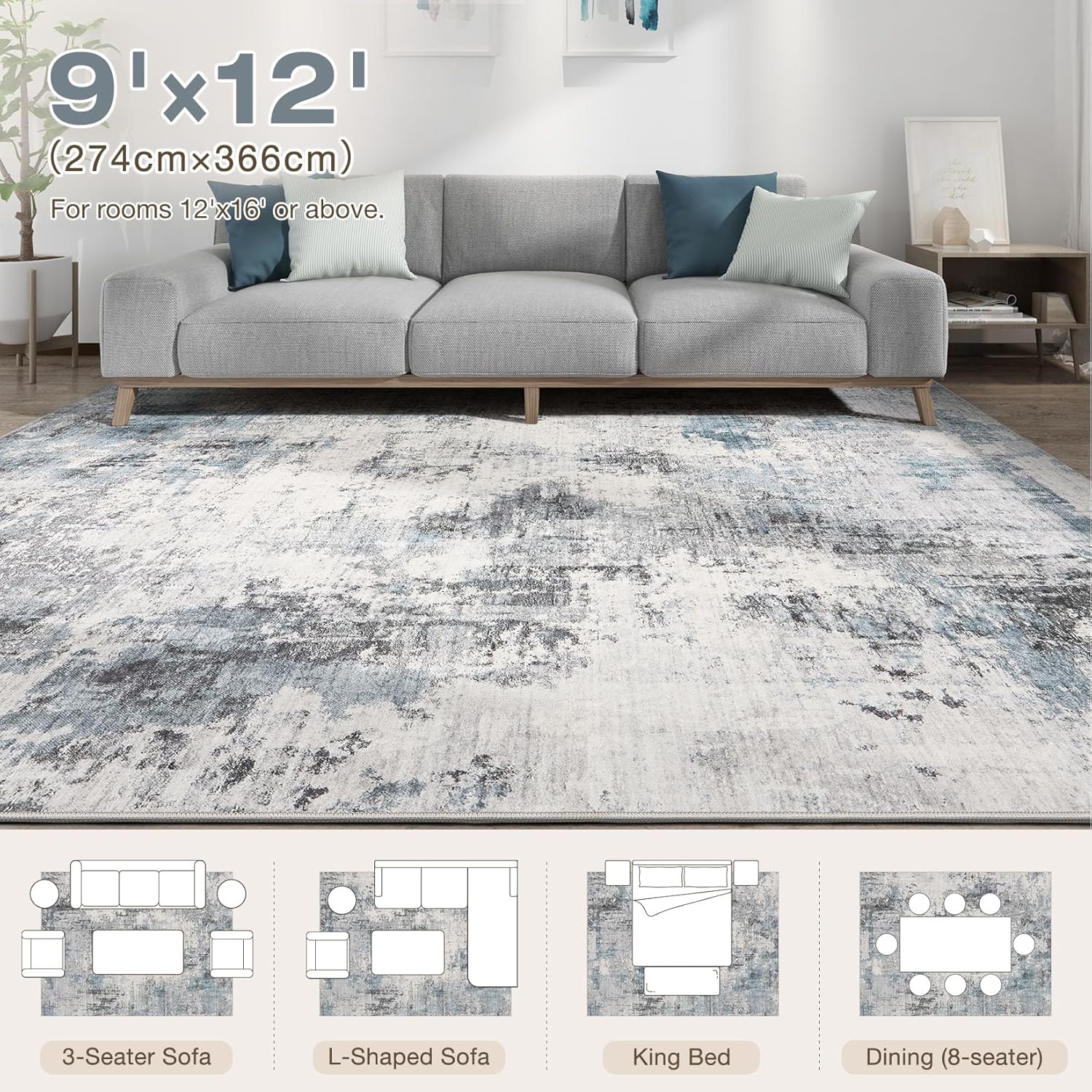 Thumbnail 1 de TARANCH Washable Rug 9x12: Modern Abstract Grey-Blue Comfort for Living Spaces