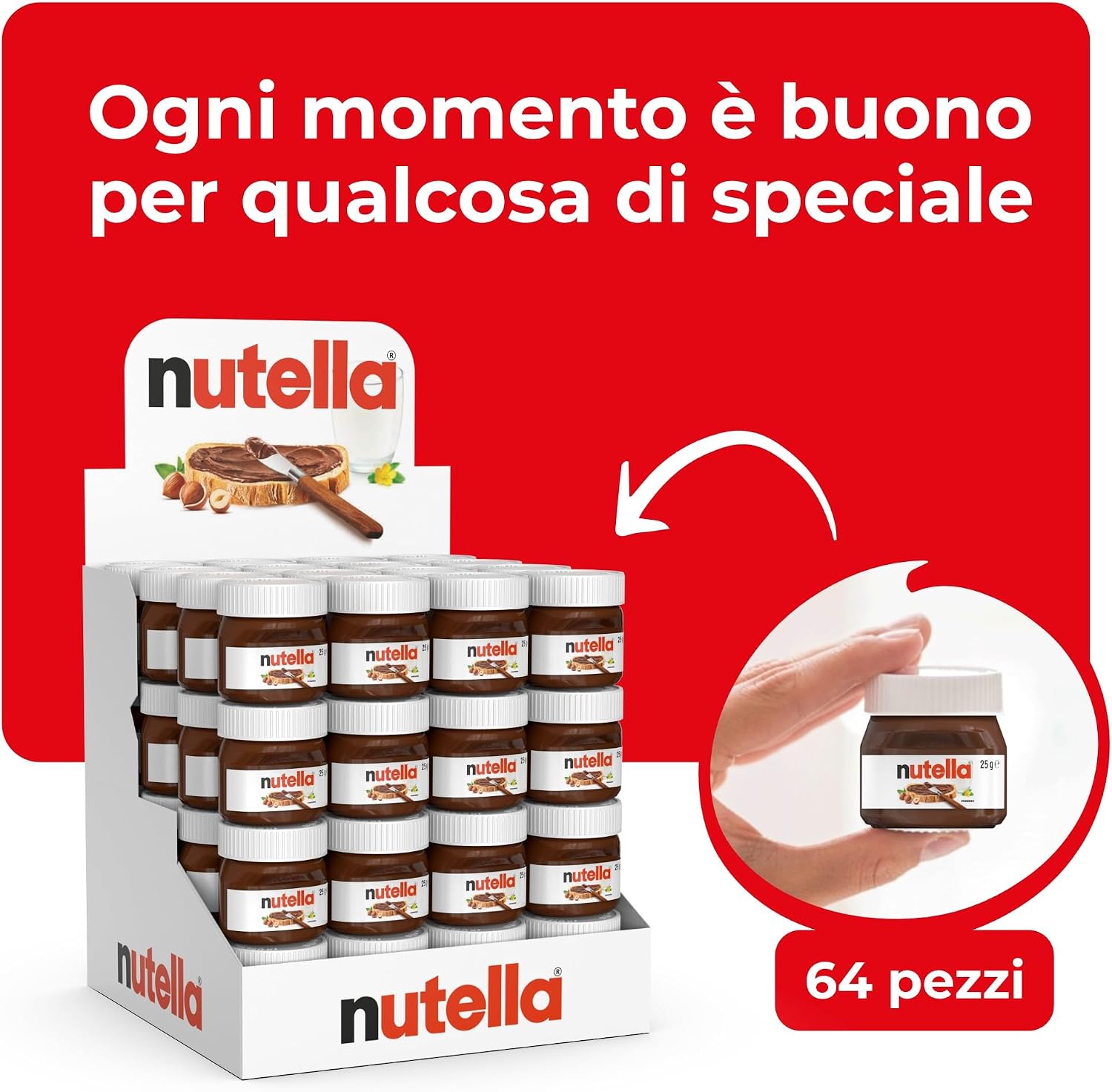 Detalle de Nutella Crema Spalmabile alle Nocciole e Cacao – 64 vasetti da 25 g, senza glutine e conservanti