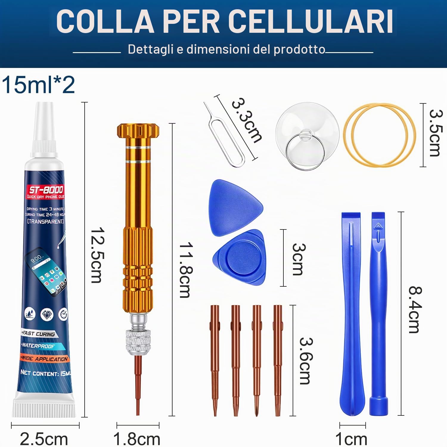 Detalle de Colla Schermo Cellulare - Kit 30 ml (15 ml Nero + 15 ml Trasparente) con Strumenti per Riparazioni, Uso Versatile