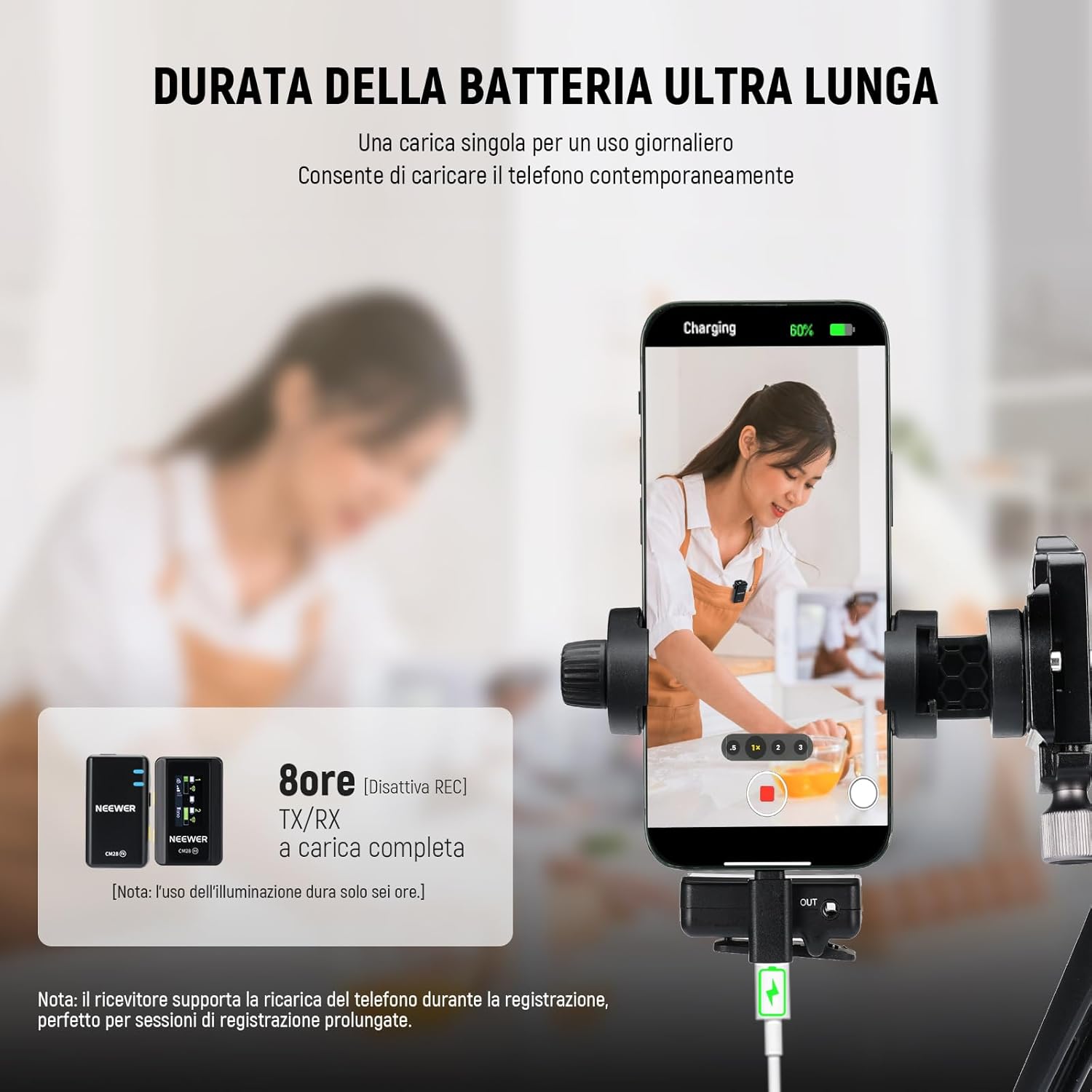Detalle 2 de Neewer CM28 microfono lavalier wireless con anti-rumore e registrazione su 4GB