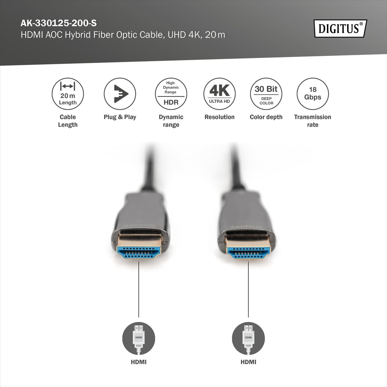 Thumbnail 1 de DIGITUS Câble HDMI en fibre optique 20 m (HDMI 2.0, 18 Gbps) – UHD 4K 60 Hz, ARC, HDR, HDCP 2.2