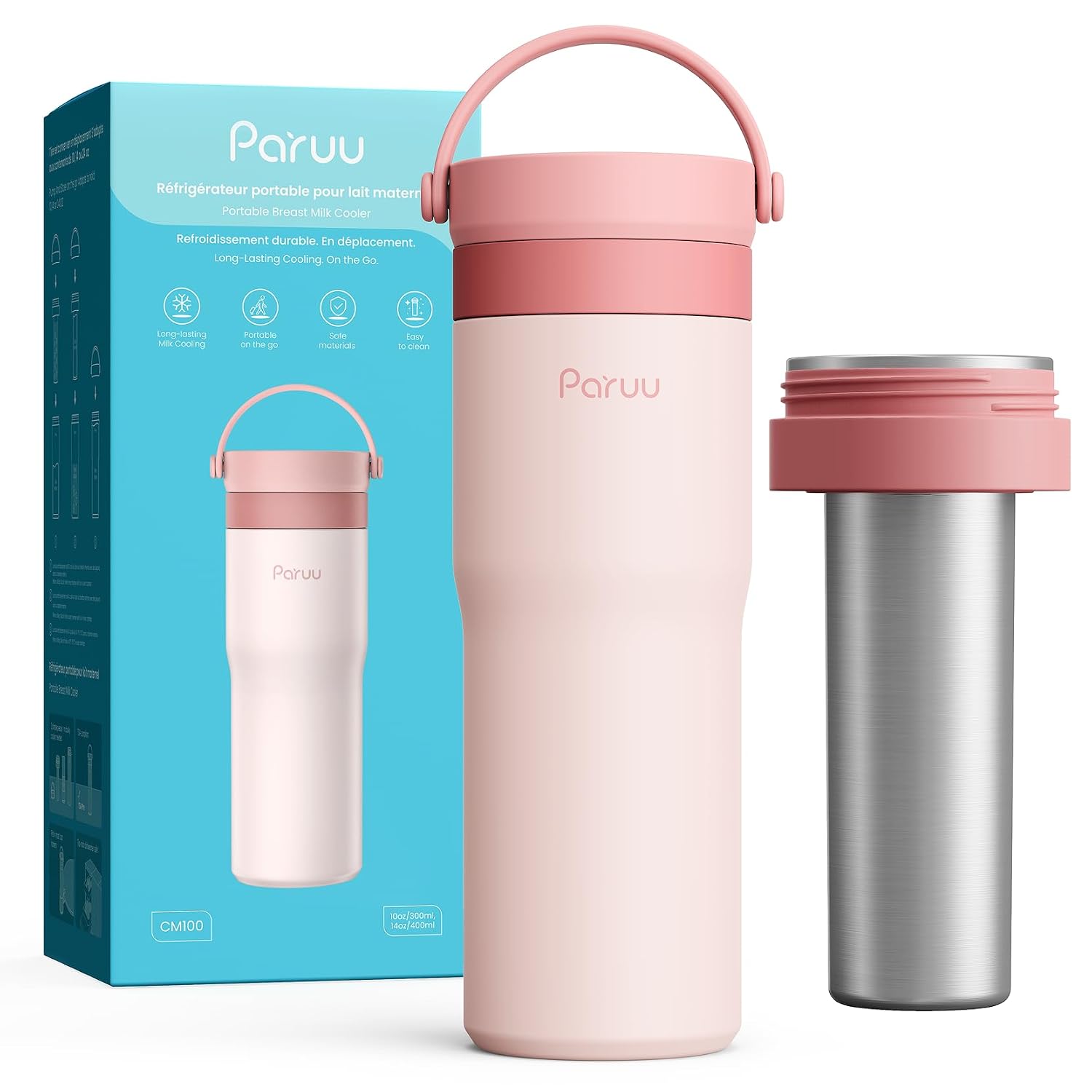 Detalle de Paruu Portable Breast Milk Cooler, 304 Stainless Steel, Pink, 14–23-Hour Cooling