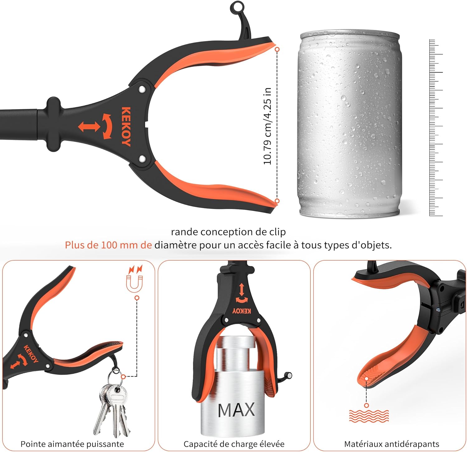 Thumbnail 3 de Kekoy pince de préhension extra longue 112 cm avec lumière – aide à la main pour adultes (orange)