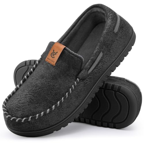 Detalle de VeraCosy Men's Moccasin Slippers Memory Foam House Shoes – Bold Black, 9 UK