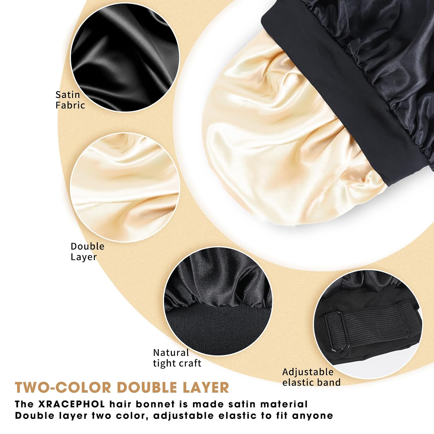 Detalle de XRACEPHOL Double-Layer Satin Sleep Bonnet, Adjustable and Reversible, Black