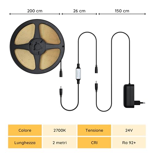 Detalle 2 de NELUX Striscia LED COB 2 m – 960 LED, 2700K, luce calda, con telecomando e trasformatore 24V
