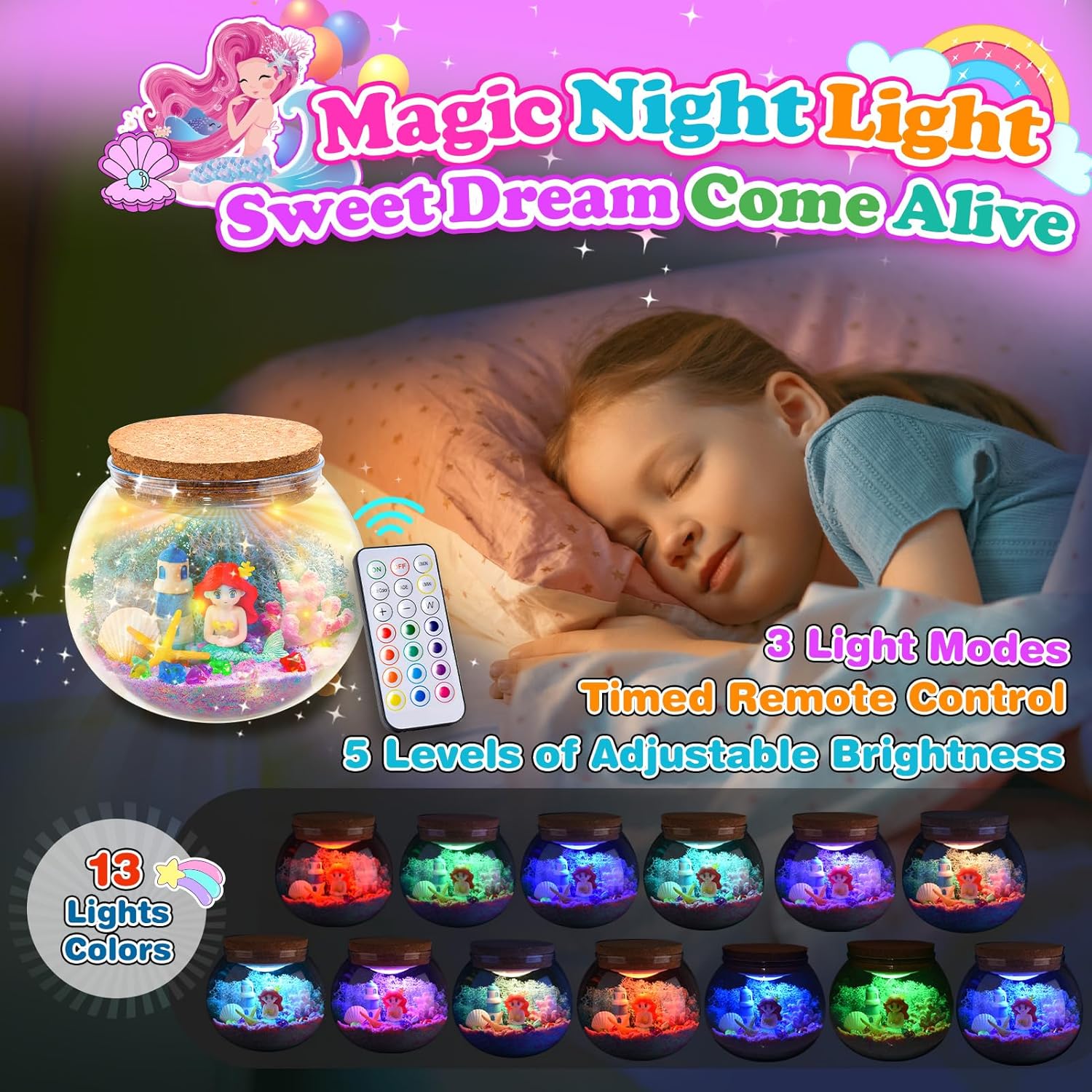 Detalle de HappyGoLucky Mermaid Terrarium Kit & Night Light — 3-9 Year Old Girls Gift