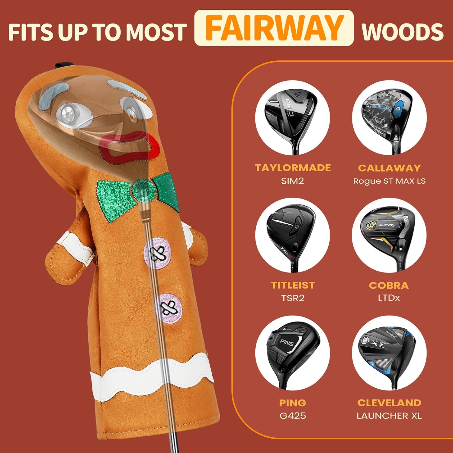 Detalle 2 de LZFAN Gingerbread Man Golf Club Head Cover: Funny Brown Monster Cookie Drive/Fairway/Hybrid Protector