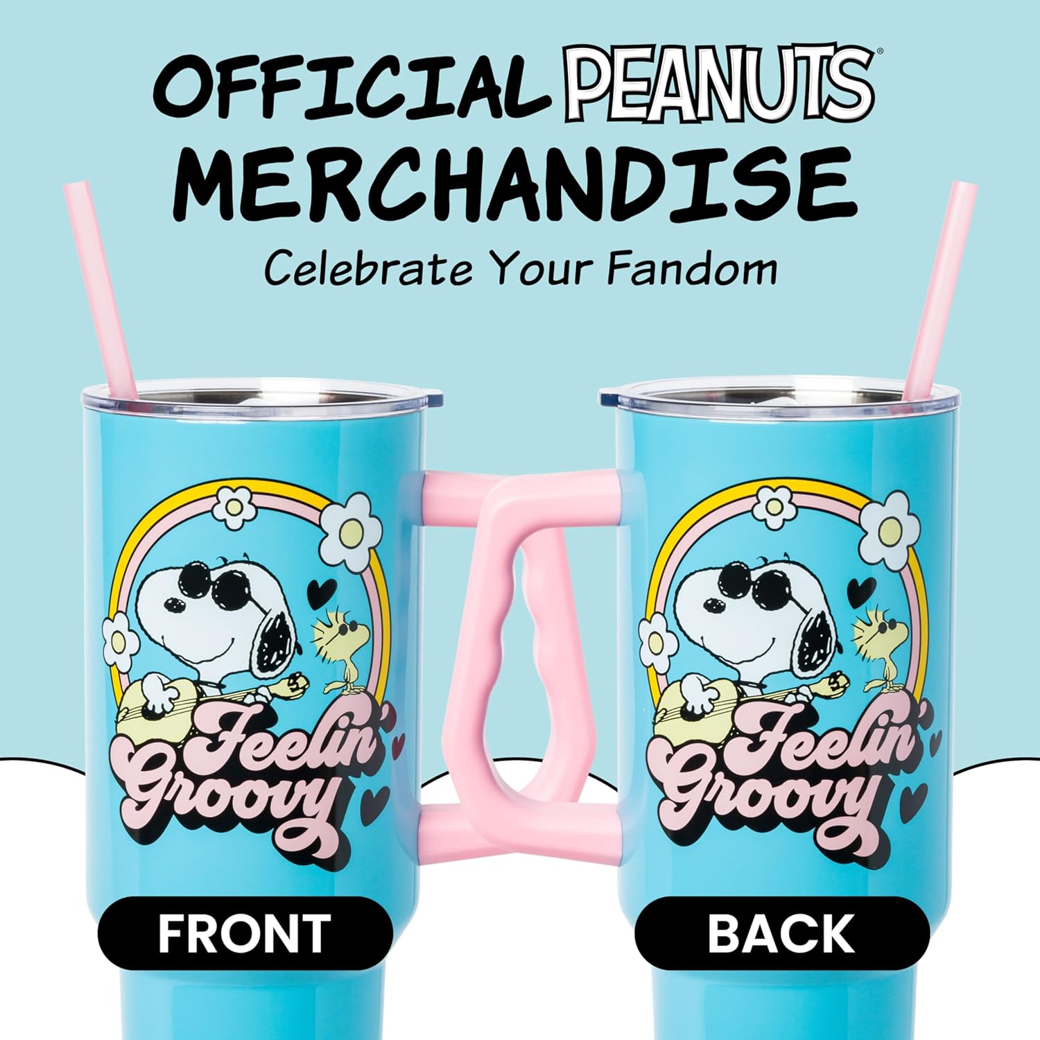 Detalle de Silver Buffalo Peanuts Feelin' Groovy 40 oz Stainless Steel Tumbler with Handle and Straw