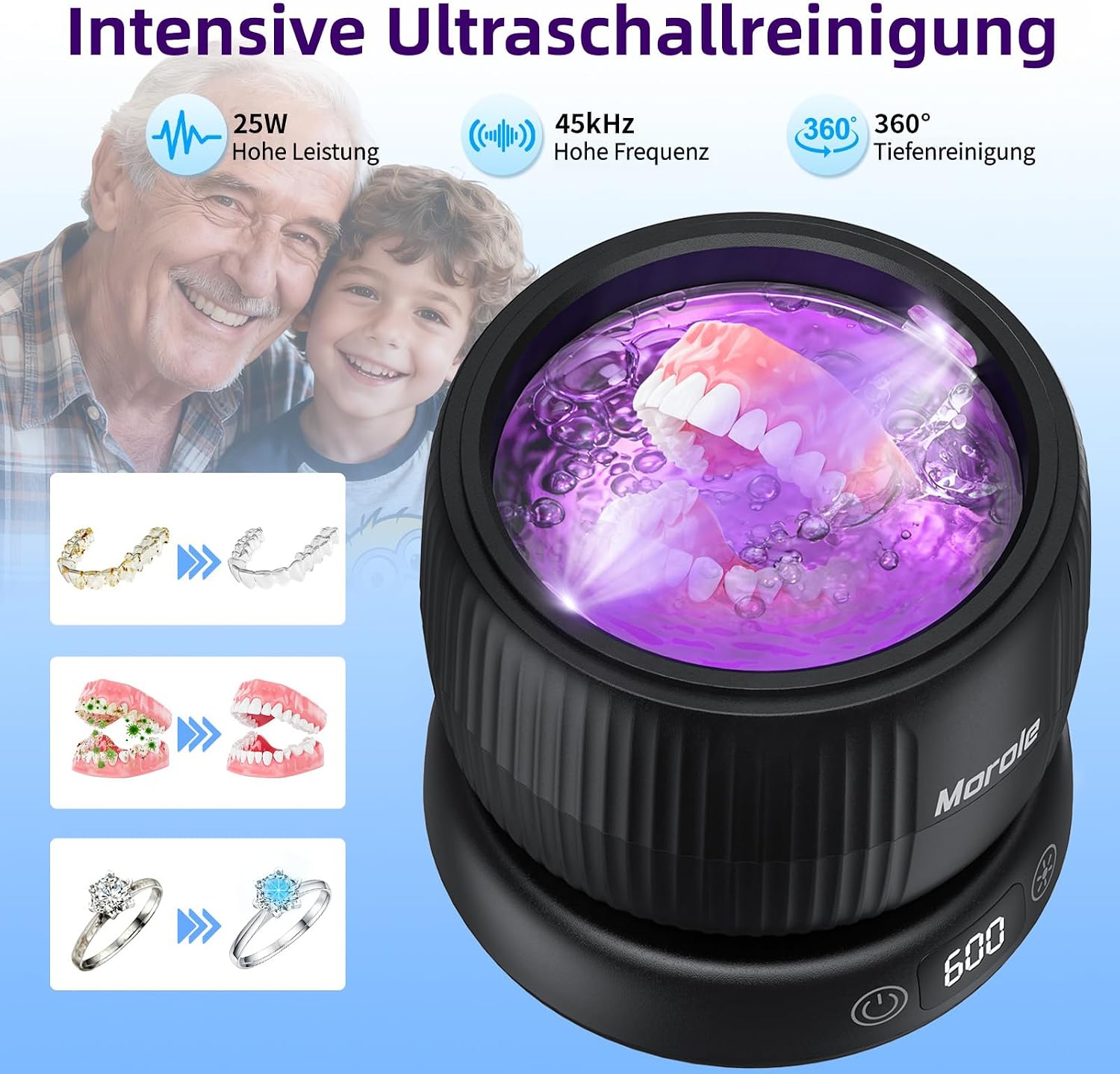 Detalle de Morole Ultraschallreinigungsgerät – Ultraschallreiniger 45000 Hz, 200 ml, UV‑Lampen‑Doppelsterilisation