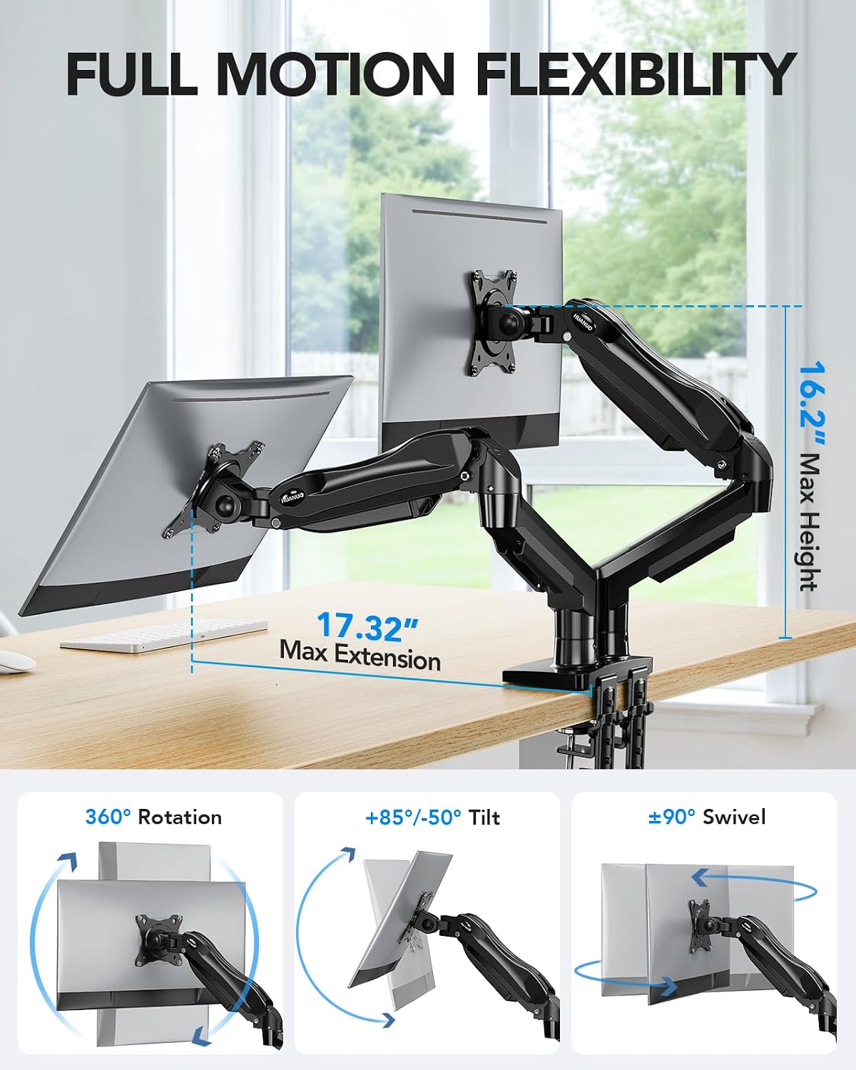 Detalle de HUANUO FlowLift Dual Monitor Stand — Fully Adjustable Dual Arm Desk Mount for 13–32" Screens