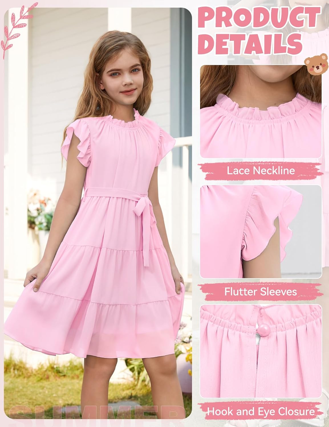 Detalle 2 de Robe d’été Fashora pour fille — Manches à volants, col rond et ceinture amovible