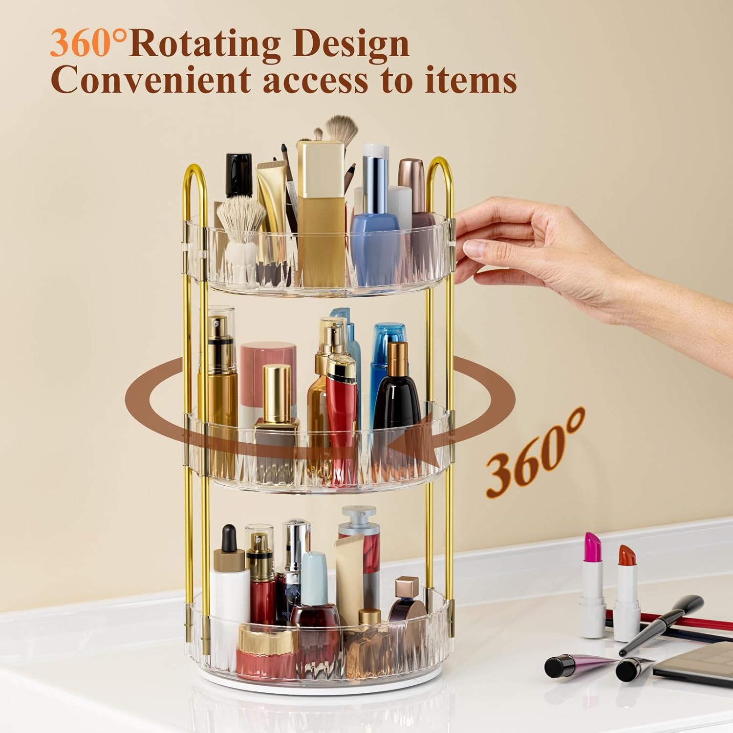 Detalle de Dayacoco 360 Rotating Makeup Organiser, 3-Tier Round Spinning Storage Stand