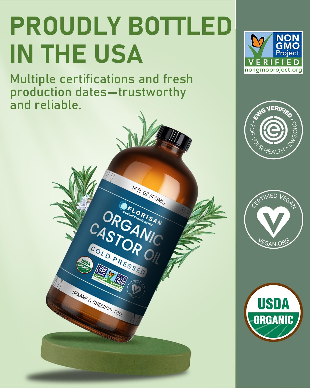 Detalle 2 de Florisan Organic Castor Oil 16oz – Cold Pressed, Hexane-Free, USDA Organic & EWG Verified