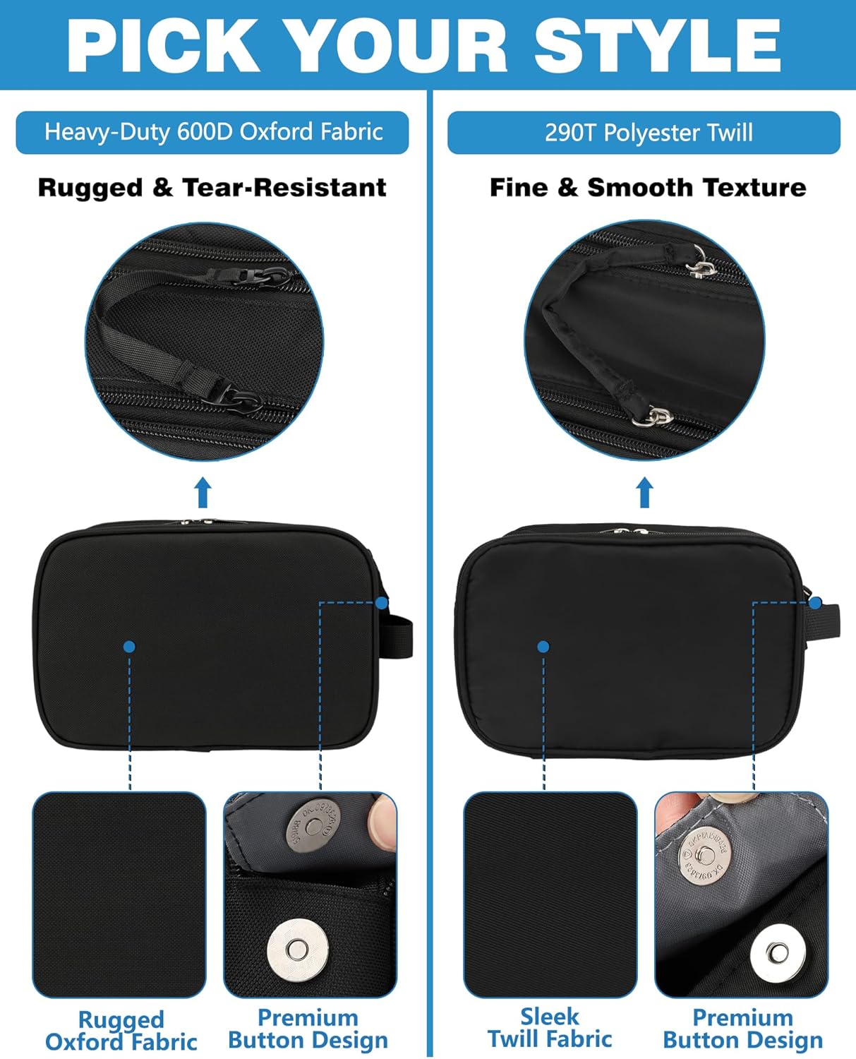 Detalle 2 de FitDA Large Men’s Toiletry Bag (Black) – Travel Wash Bag with Handle & Double Zips