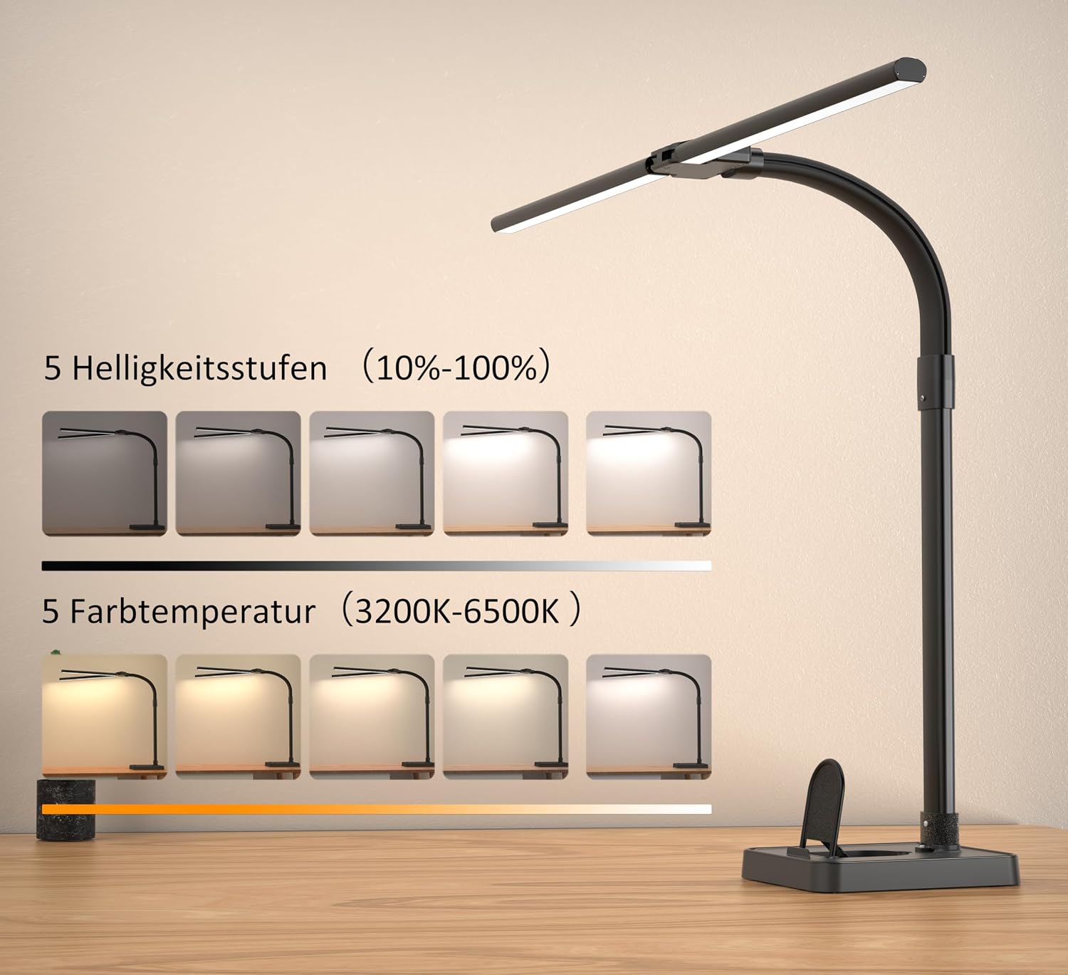 Detalle 1 de LOTTBUTY Doppelkopf LED Schreibtischlampe 80cm
