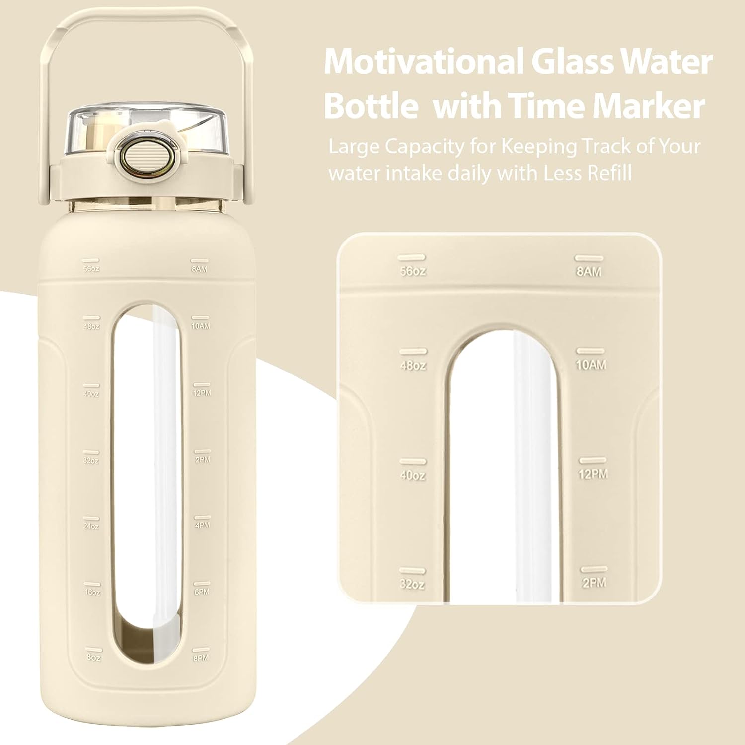 Detalle de Zukro 64 oz Glass Water Bottle with Straw, Time Markers and Beige Sleeve