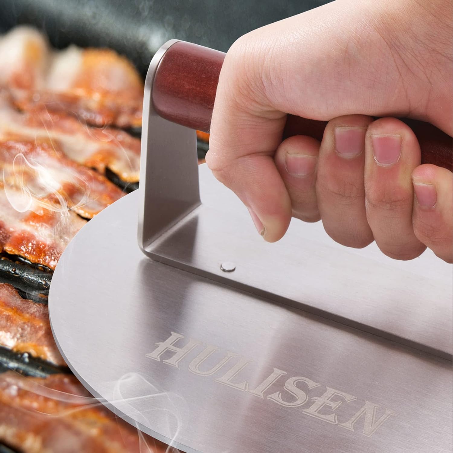 Detalle de HULISEN 8.5-Inch Burger Press heavy-duty 2.5 lb grill press 🍔