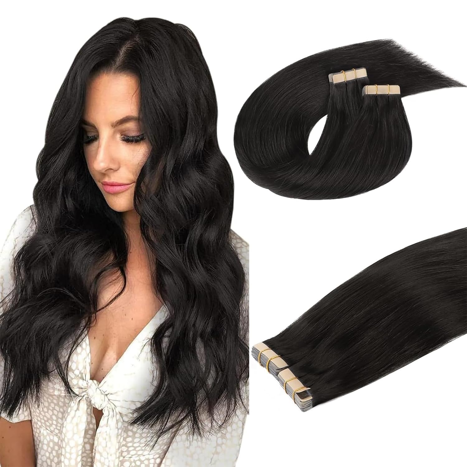 Detalle de DOORES Tape-In Human Hair Extensions (Remy), 22 Inch, Natural Black, 40 Pieces, 100g