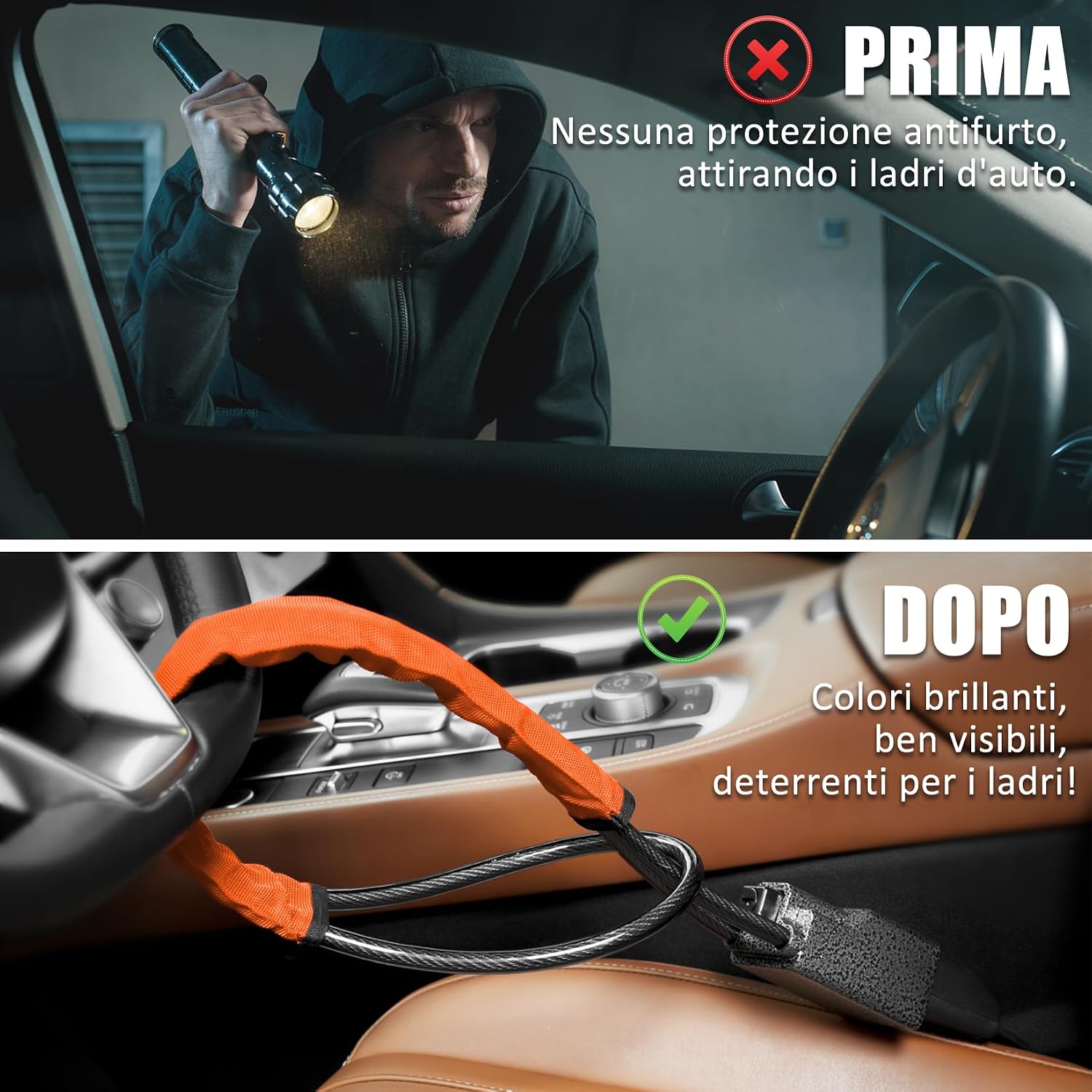 Detalle de Tevlaphee Blocca Sterzo Automobile: Antifurto robusto, visibile e universale (Arancione)