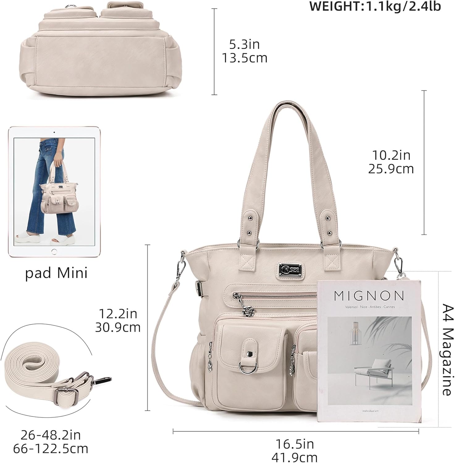 Thumbnail 3 de KL928 Handtasche Damen Umhängetasche Schultertasche mit vielen Fächern (KL928), Hellgrau Beige Cream