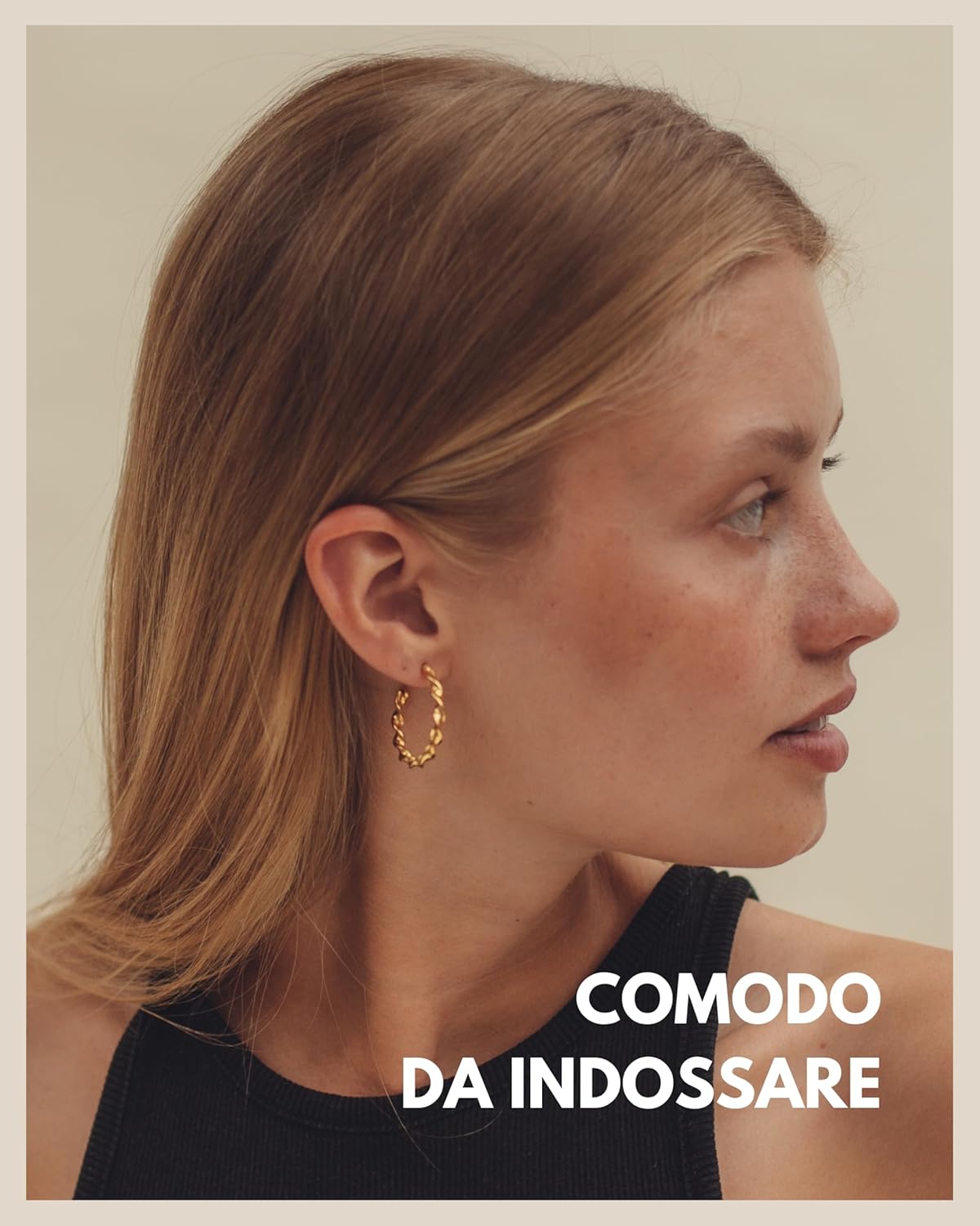 Detalle de Creoli d'oro ritorti per donna in acciaio inox con rivestimento in oro 18K – diametro 28 mm (anche 20 mm)