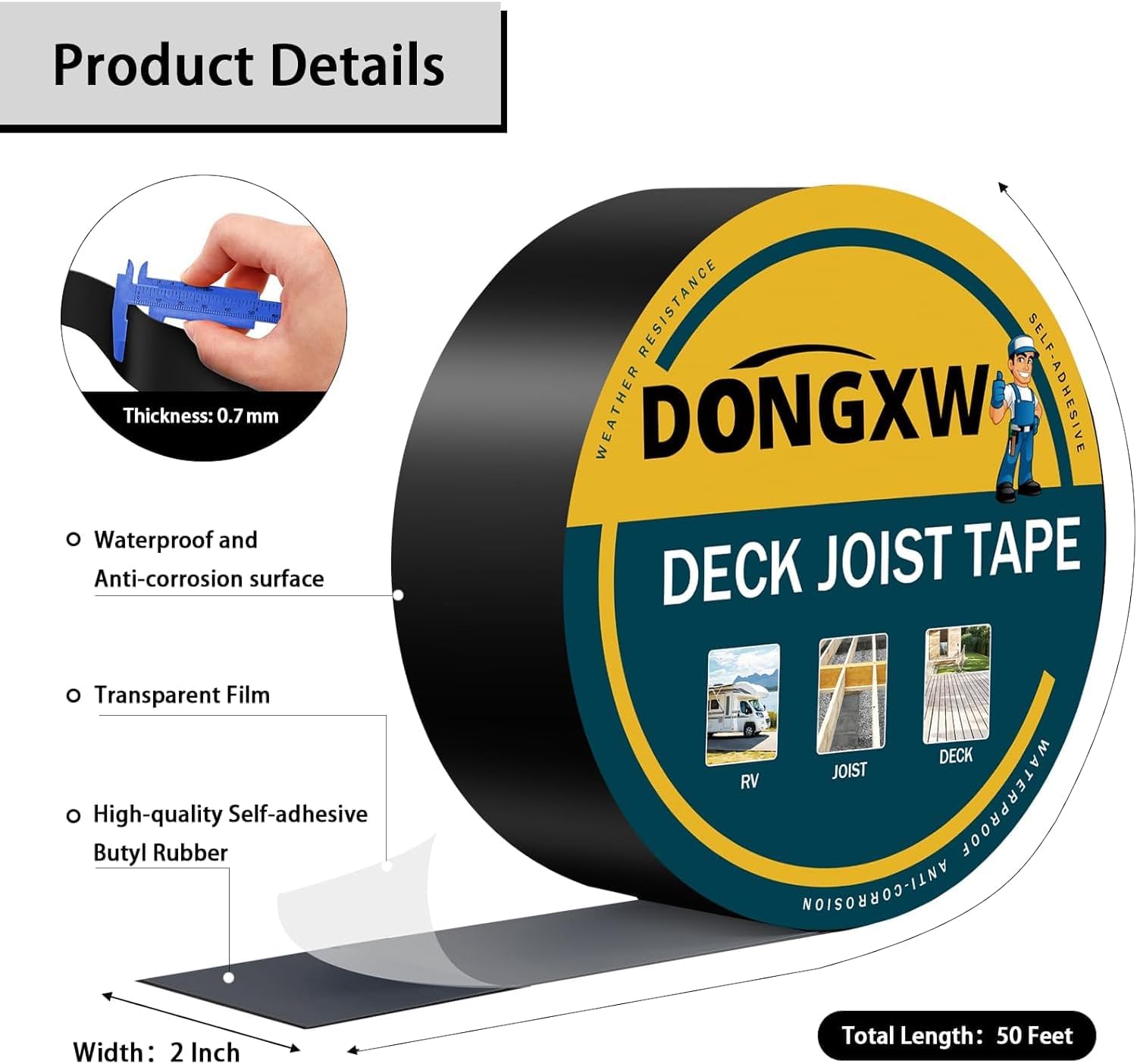 Thumbnail 2 de Dongxw Joist Tape for Decking 2''×50' (10 Packs) – Waterproof Butyl Deck Flashing Tape