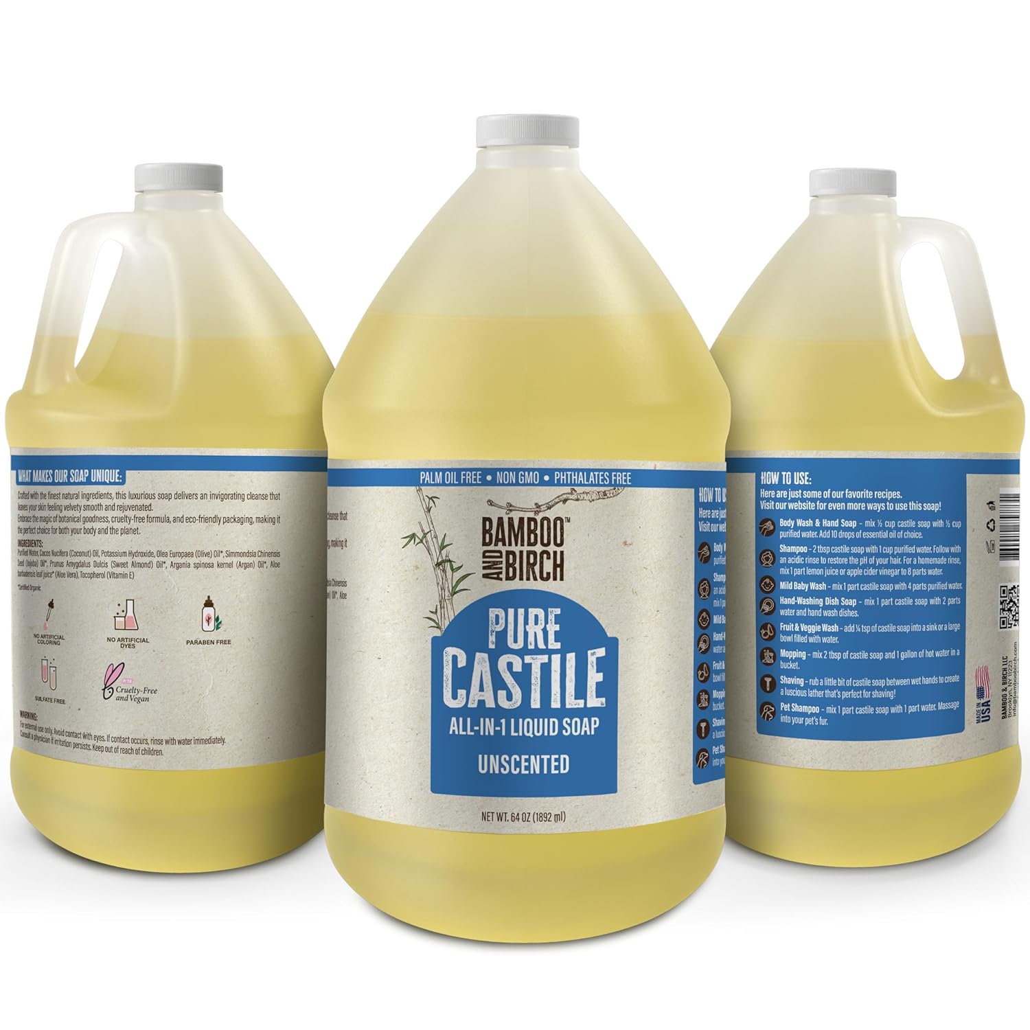 Detalle de Bamboo and Birch Pure Castile Soap Liquid (Unscented, 64 oz) — natural palm oil-free liquid soap