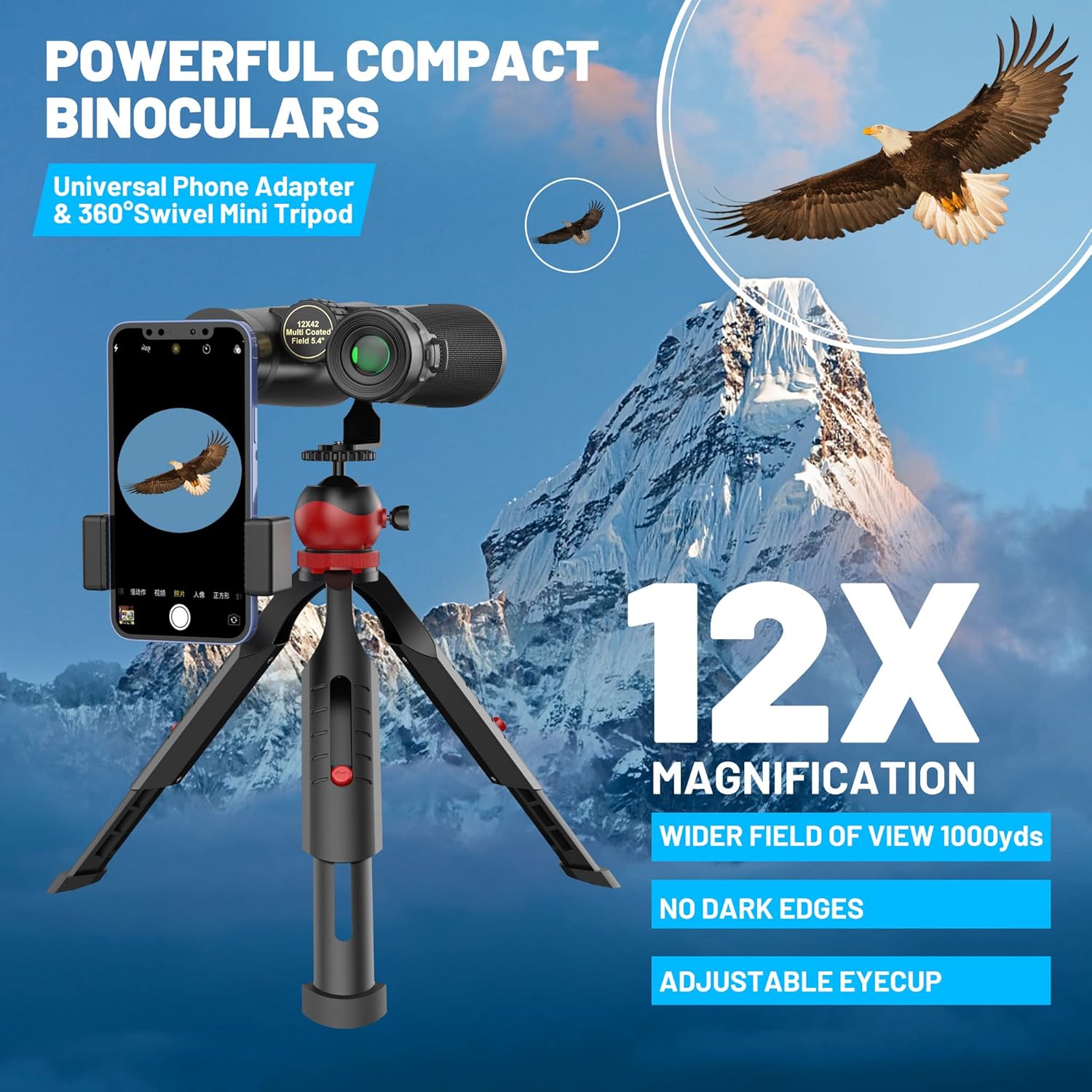 Detalle de Kylietech 12x42 Fernglas für Erwachsene mit Stativ & Smartphone-Adapter (wasserdicht, BaK-4, FMC)