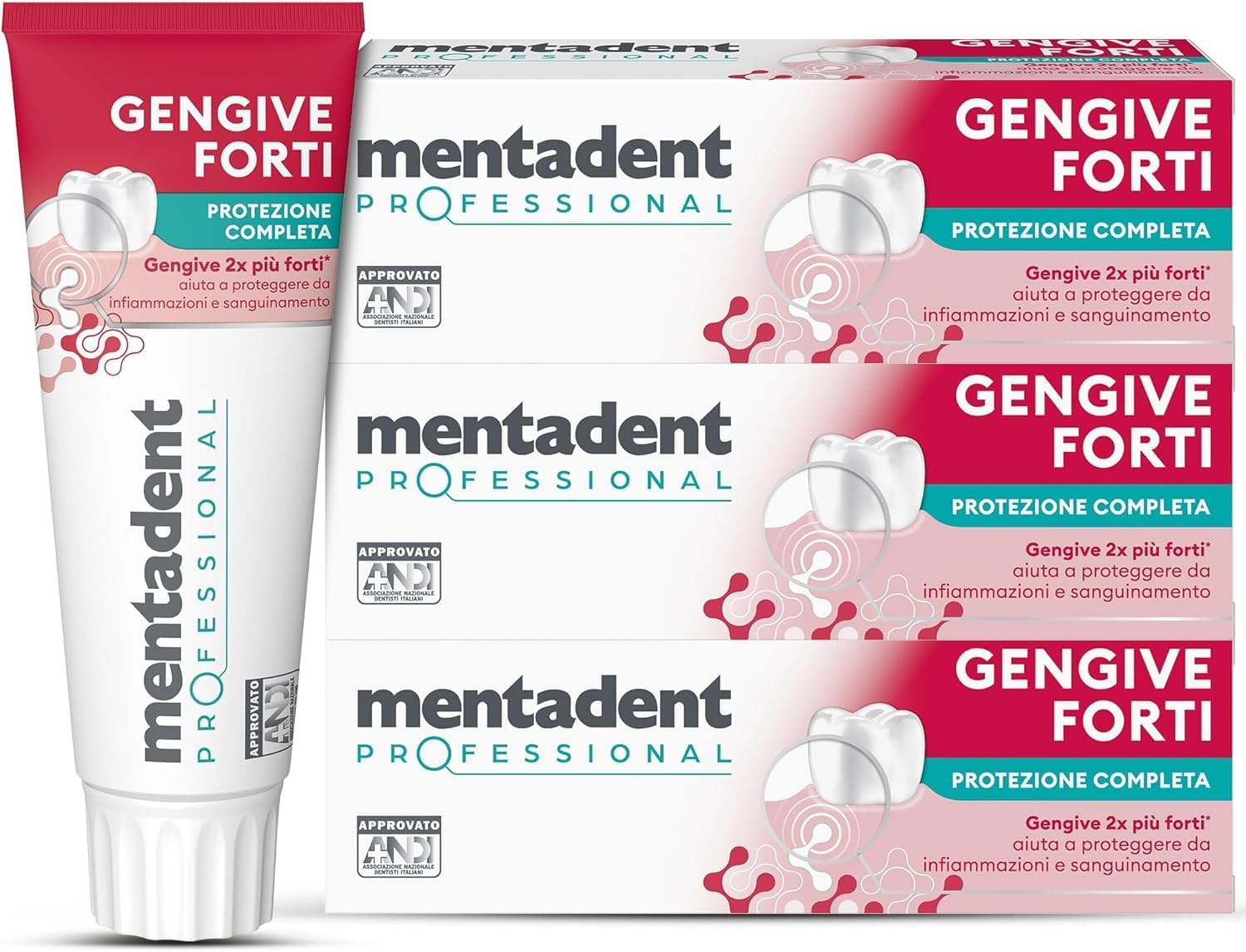 Detalle de Mentadent Dentifricio Gengive Forti Protezione Completa – 3x75 ml con Pochette Omaggio