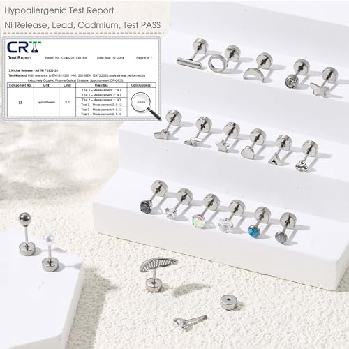 Thumbnail 4 de Diamday 21 Pairs Flat Back Earrings Set: Hypoallergenic Surgical Steel Studs for Everyday Wear