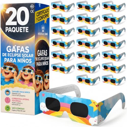 Detalle de Medical King - 20 Gafas Eclipse Solar Homologadas ISO 12312-2, Paquete de 6 con 2 Lentes Fotográficos para Smartphone