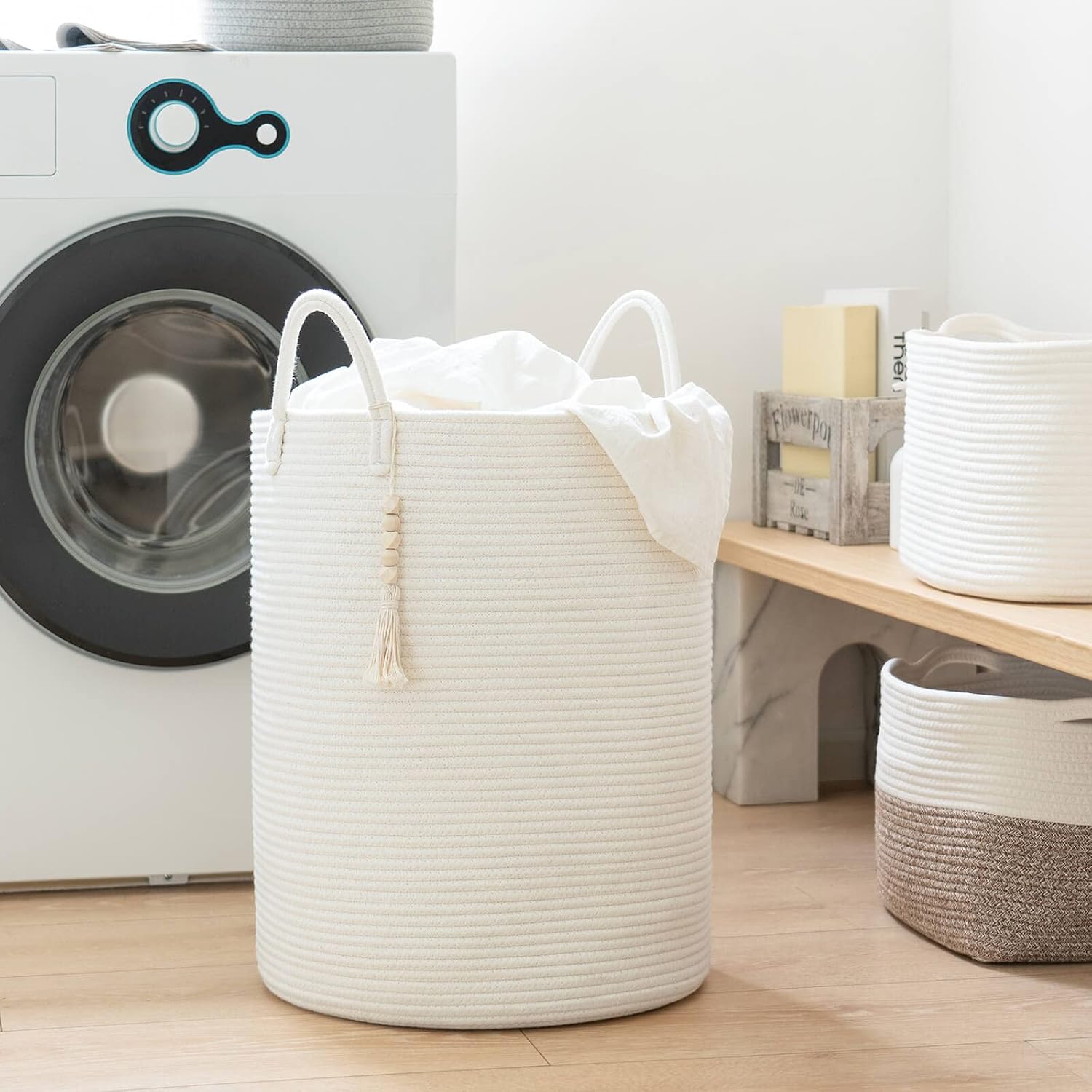 Detalle 1 de Goodpick White Cotton Rope Laundry Hamper with Handles, 16 x 20 Inches