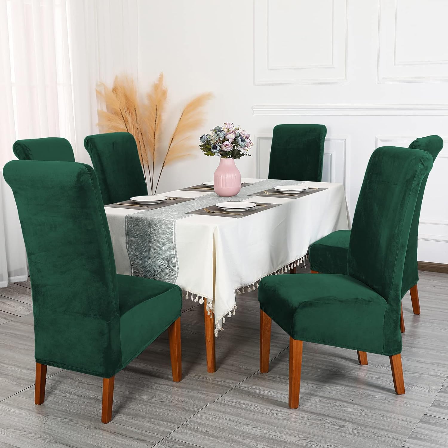 Thumbnail 1 de CMAKER Velvet Dining Chair Covers (Dark Green) – Stretch Large High Back Slipcovers, Washable Set of 6