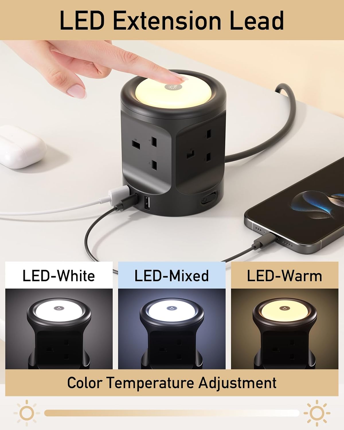 Detalle de USB night light extension lead 4 way 13A