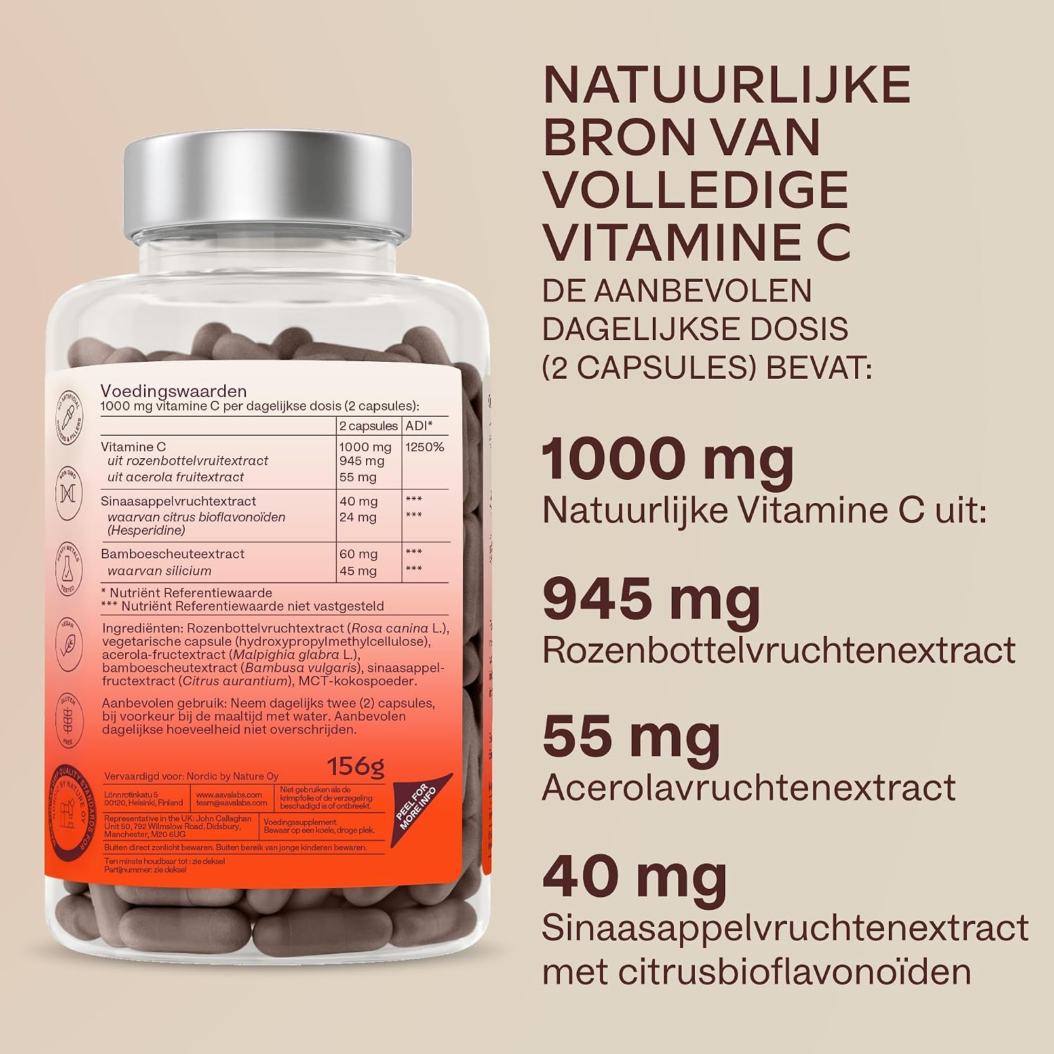 Detalle 1 de AAVALABS Natuurlijke Vitamine C, 180 capsules met rozenbottel en acerola