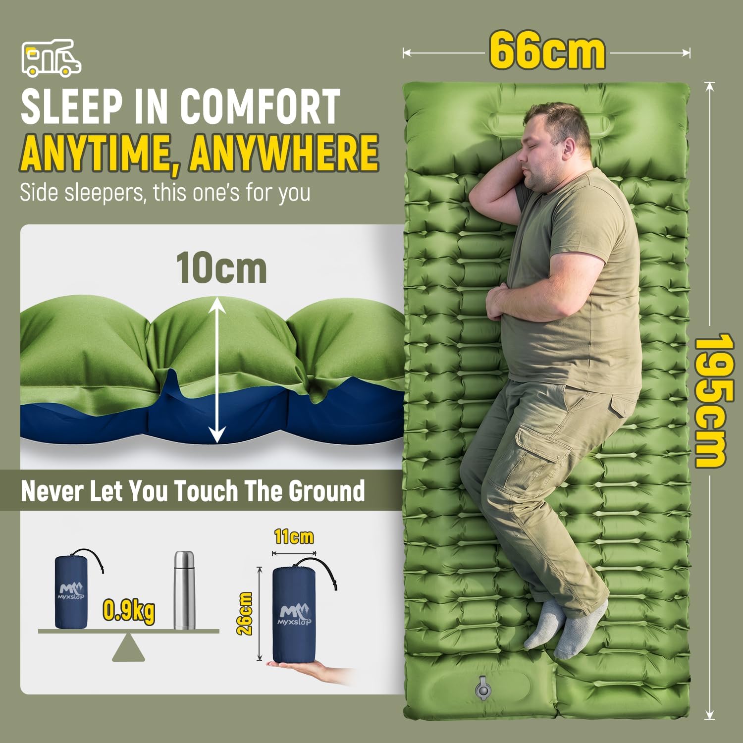 Thumbnail 2 de Myxslop Camping Sleeping Pad with Built-in Foot Pump & Pillow – 15.5cm Thick Ultralight Mat