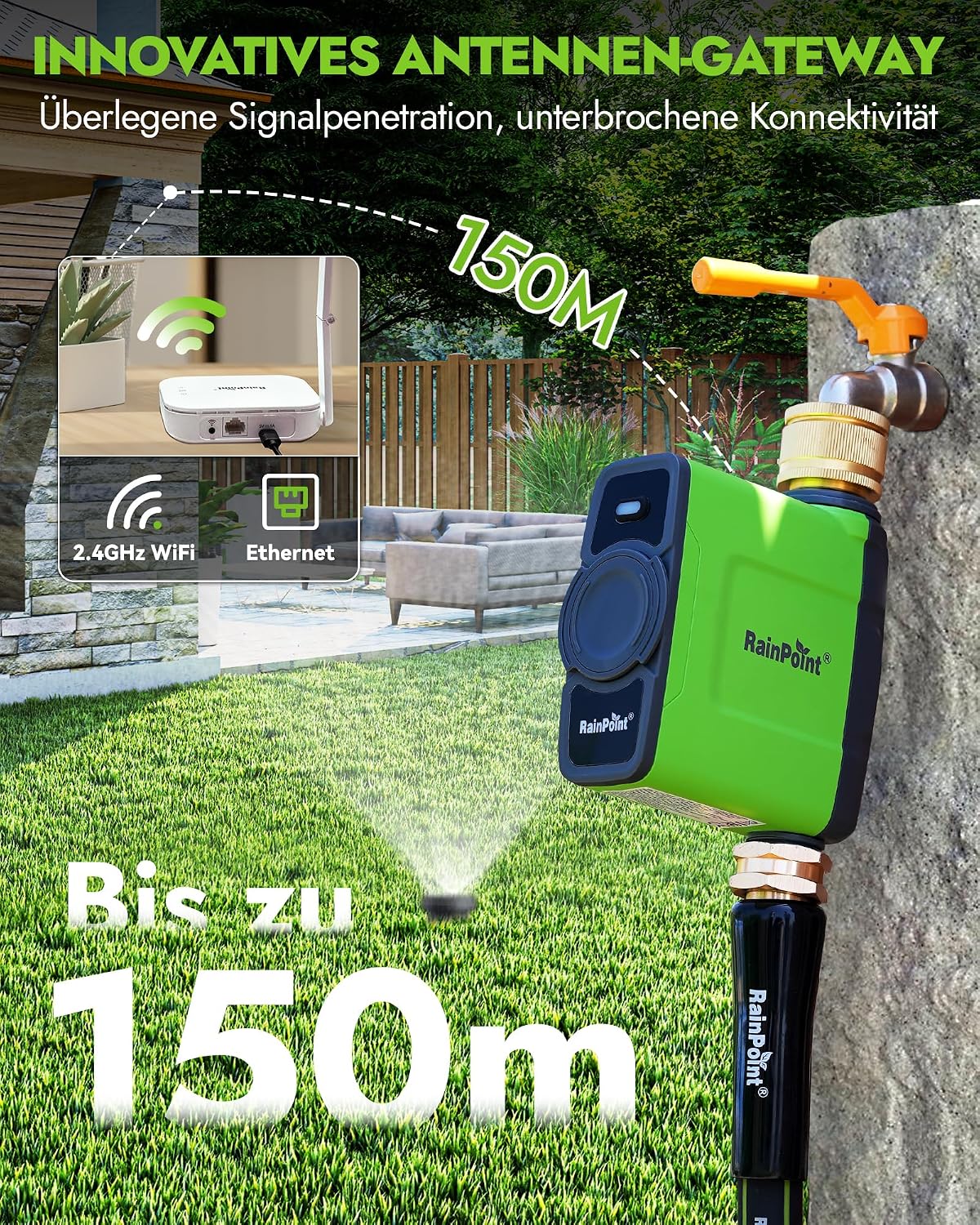 Detalle 2 de RAINPOINT Bewässerungscomputer WLAN mit Antennen-Gateway – Wettergesteuerte Steuerung, IP65, App- und Sprachsteuerung