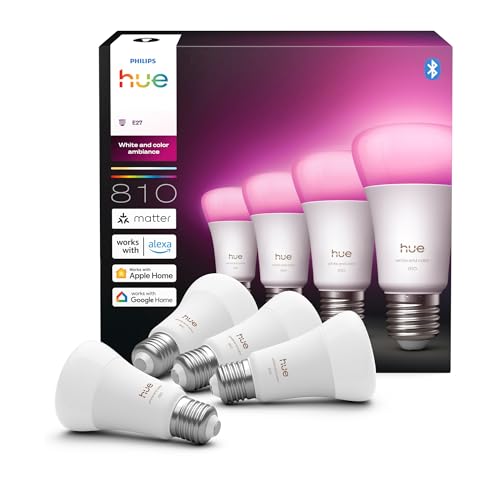 Detalle de Philips Hue Smart LED A60 Lampen, E27, 4er Pack – flexible Lichtwelten für Dein Home