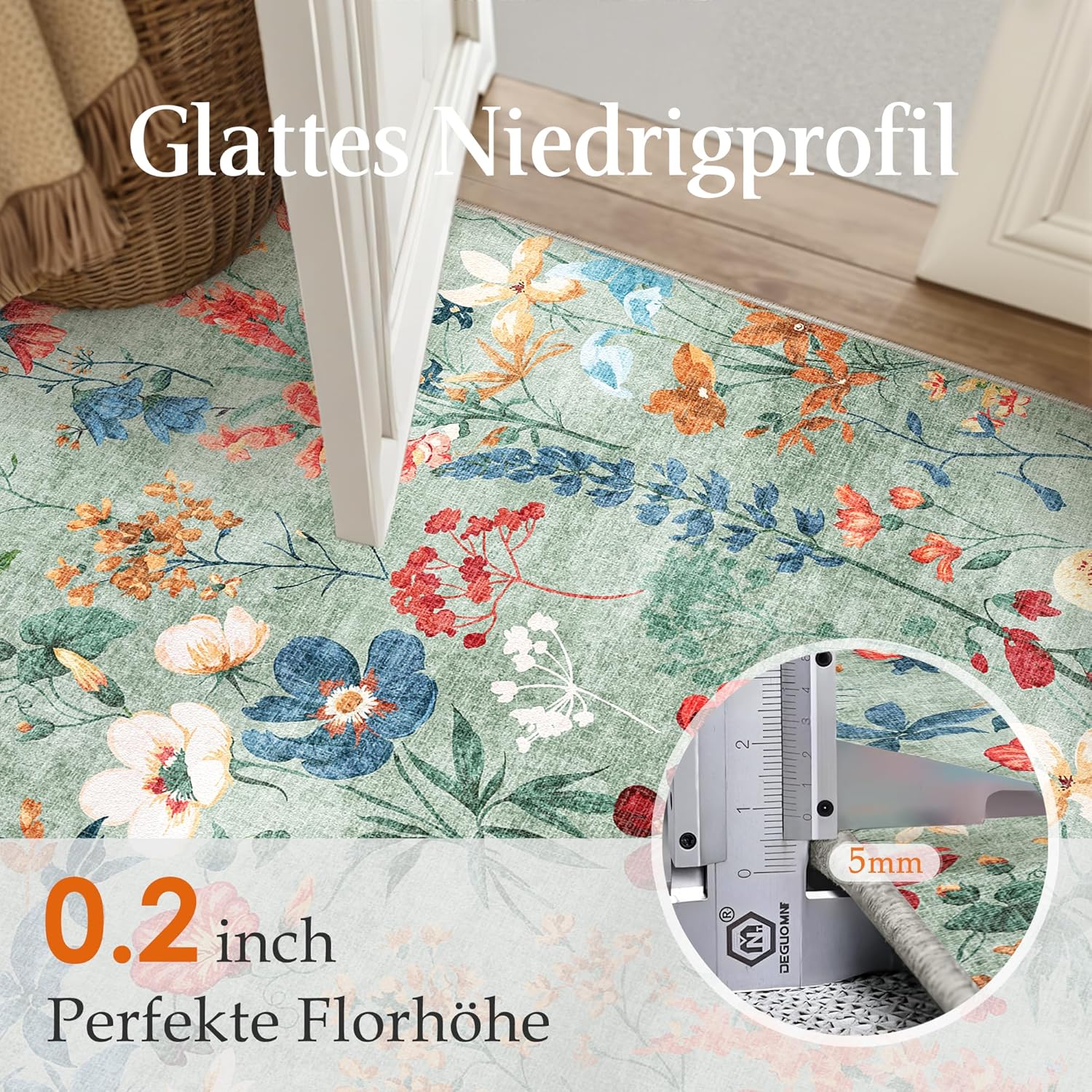 Detalle de HUGEAR waschbarer Teppich mit Blumenmuster (200x300 cm) – rutschfest für Wohnzimmer, Schlafzimmer & Büro