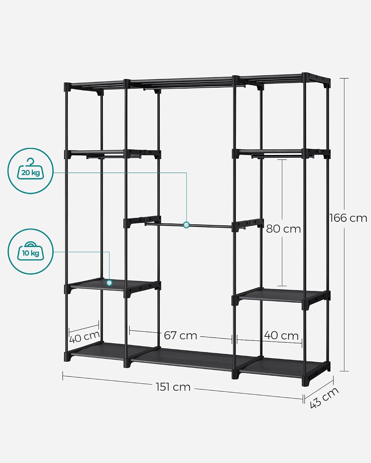 Thumbnail 6 de SONGMICS RYLAN RYG036B02 Clothes Wardrobe, 4 Hanging Rods, Ink Black